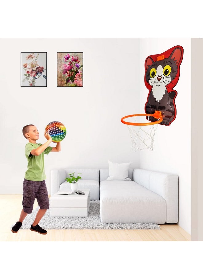 NHR Small Basket Ball Kit Set with Ring for Kids, Playing Indoor Outdoor Basket Ball, Hanging Board with Net & Ball (Cat Face Printed), Multi Color