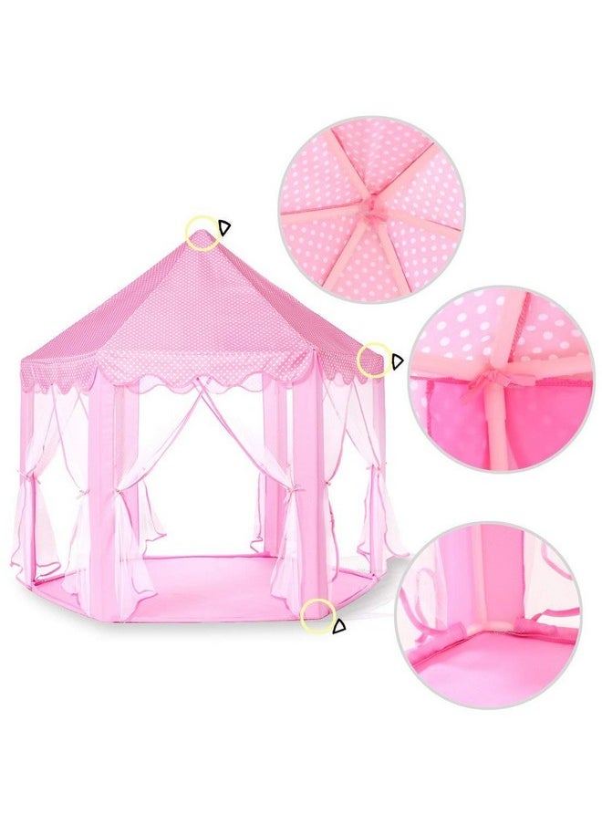 BabyGo Kids Prince Princess Castle Theme Play Tent with Mosquito Net Design for Kids (Pink) (140cm x 135cm x 70cm)