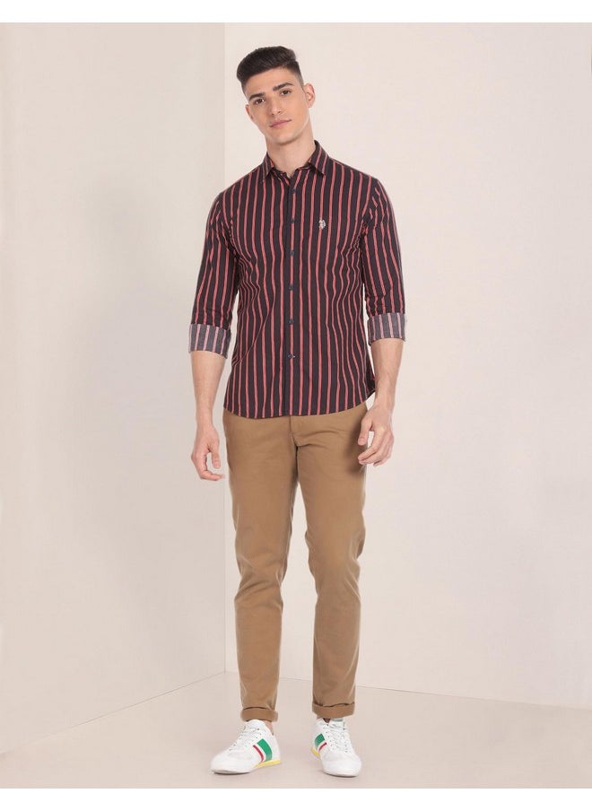 U.S. POLO ASSN. Men's Striped Regular Fit Shirt (USSHTFX161_Navy and Red