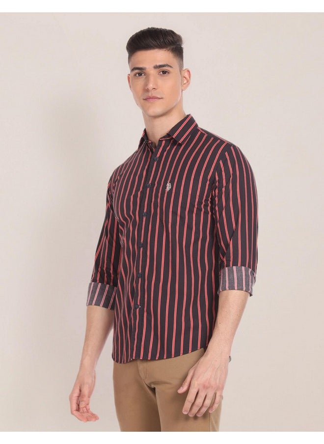 U.S. POLO ASSN. Men's Striped Regular Fit Shirt (USSHTFX161_Navy and Red