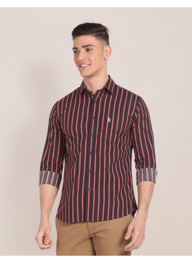 U.S. POLO ASSN. Men's Striped Regular Fit Shirt (USSHTFX161_Navy and Red