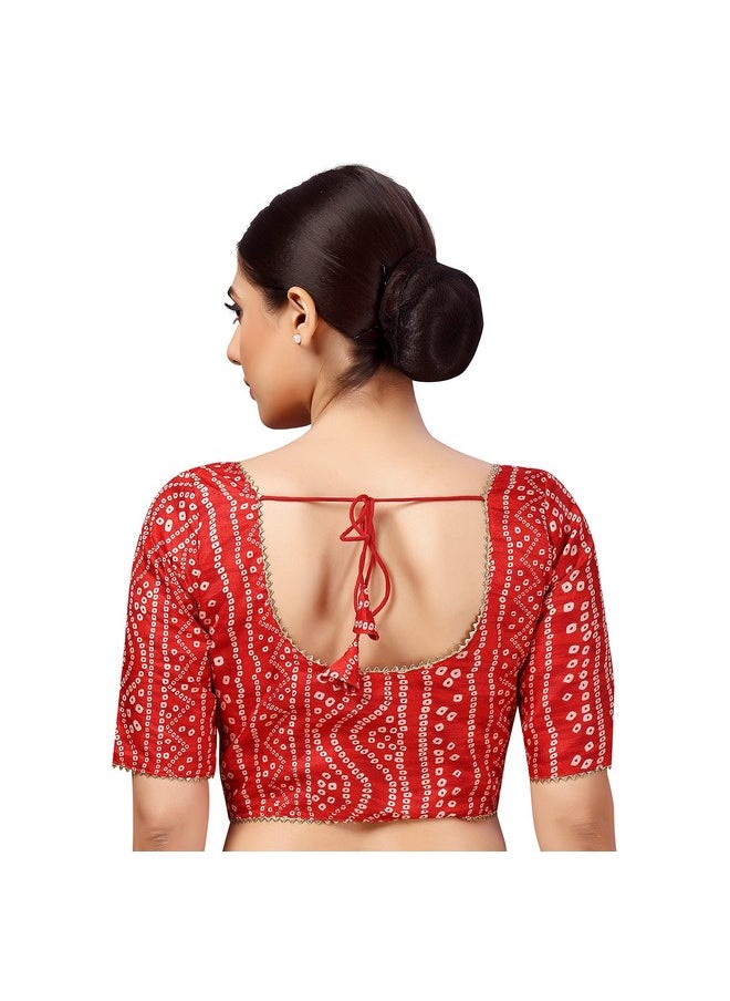 Studio Shringaar Women's Polyester Elbow Length Sleeves Bandhani Print Silky Saree Blouse (Red, 48)