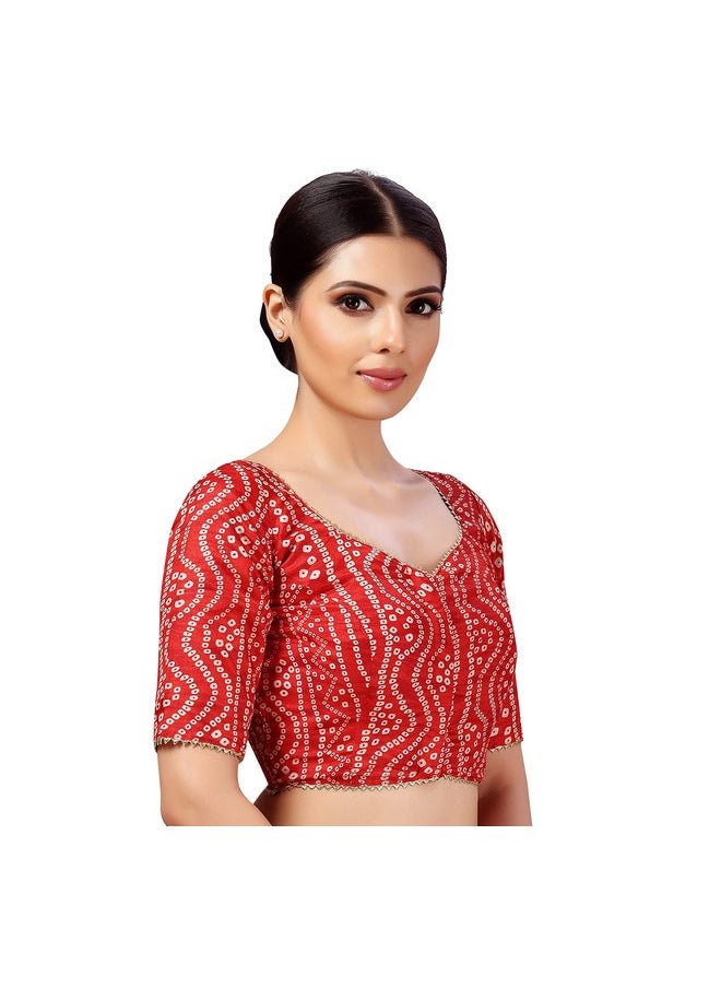 Studio Shringaar Women's Polyester Elbow Length Sleeves Bandhani Print Silky Saree Blouse (Red, 48)