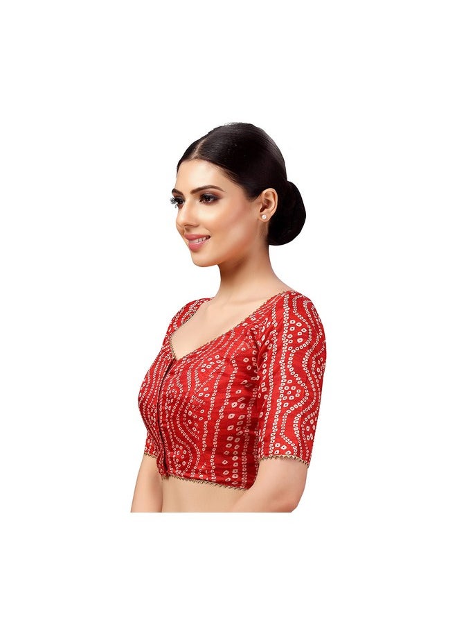 Studio Shringaar Women's Polyester Elbow Length Sleeves Bandhani Print Silky Saree Blouse (Red, 48)