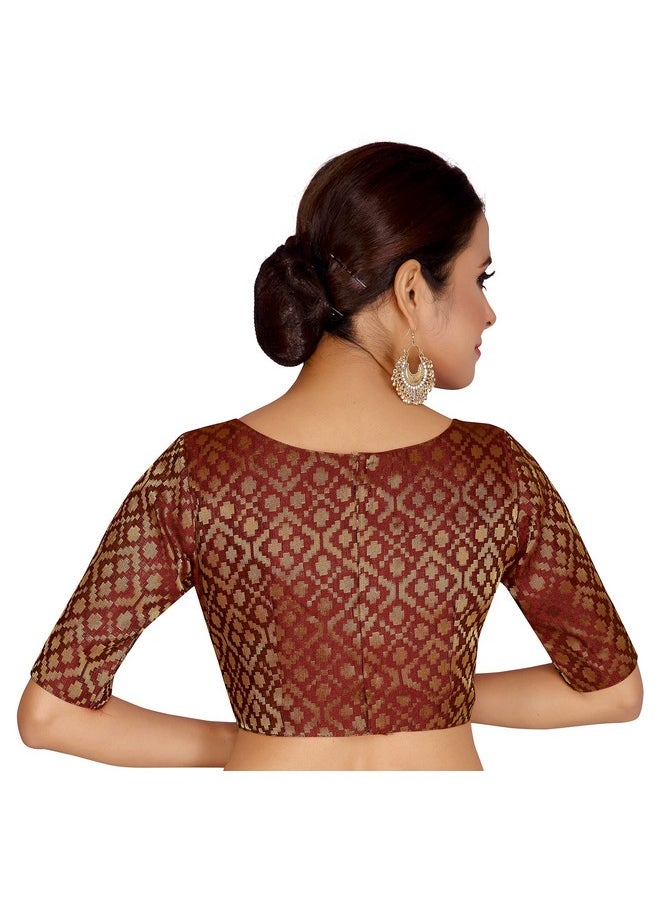 Studio Shringaar Women's Readymade Brocade Elbow Length Sleeves Saree Blouse (Maroon, 46)