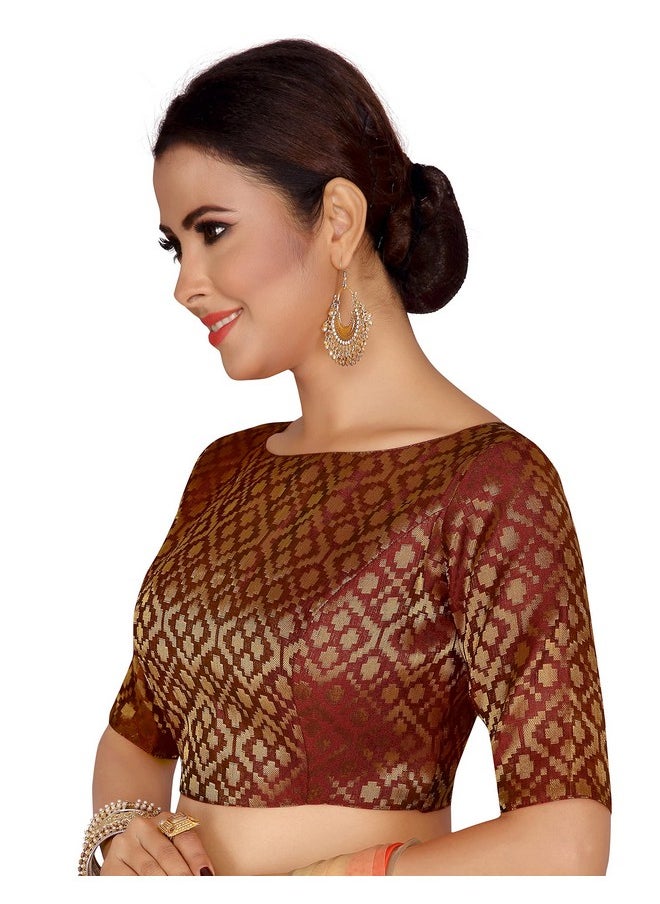 Studio Shringaar Women's Readymade Brocade Elbow Length Sleeves Saree Blouse (Maroon, 46)