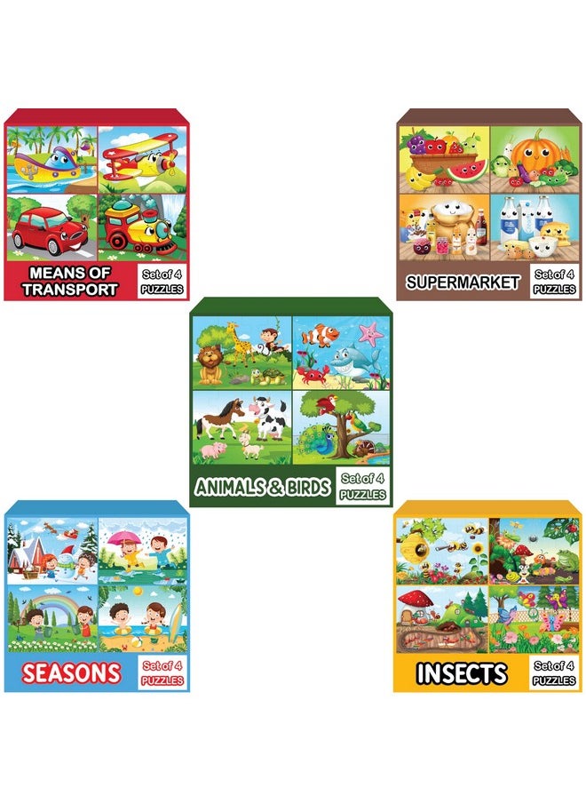 WONDRBOX Set of 5 Jigsaw Puzzles(Animals, Supermarket, Transport, Seasons and Insect) | Fun & Interactive Learning Birthday Gift for Kids Ages 3 4 5 6 7 Year Old