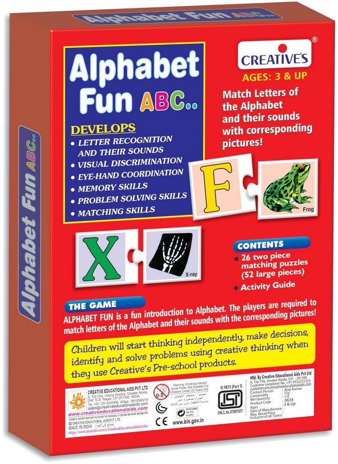 Creative's Alphabet Fun ABC| Early Learning Educational Puzzle Game | Eye-Hand Coordination Puzzles for Girls & Boys Fun with Learning | Alphabet Puzzle | Educational Gift for Kids 3 & Up