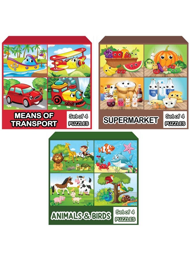 WONDRBOX Set of 3 Jigsaw Puzzles(Animals, Supermarket, Transport, Seasons and Insect) | Educational Learning Birthday Gift for Kids Ages 3 4 5 6 7 Year Old Boys and Girls