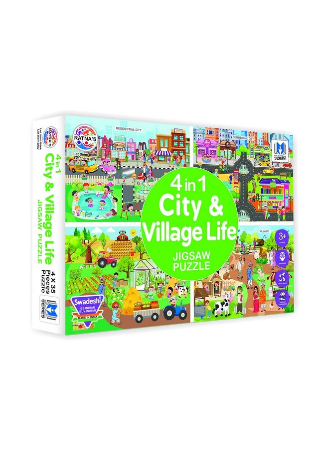 Ratna's 4 in 1 City & Village Life Jigsaw Puzzle for Kids. 4 Jigsaw Puzzles with 35 Pieces Each (Commercial City, Residential City, Village & Village Farming)