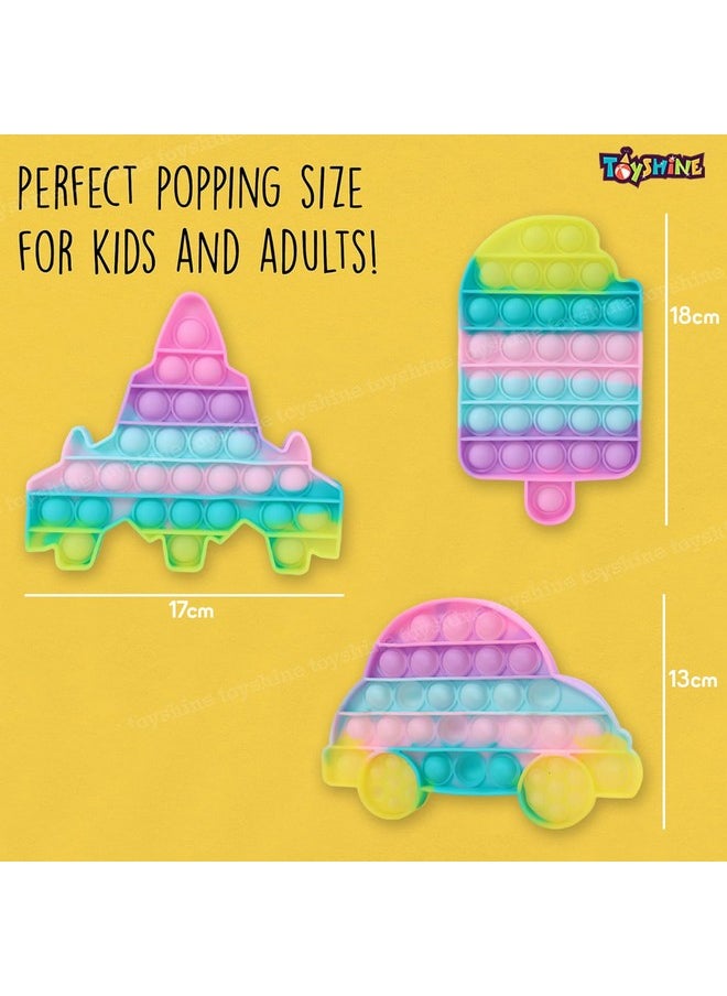 Toyshine Pack of 3 -Car, Fighter Jet,Ice Cream Fidget Popping Sounds Toy, BPA Free Silicone, Push Bubbles Toy for Autism Stress Reliever, Sensory Toy Pop It Toys