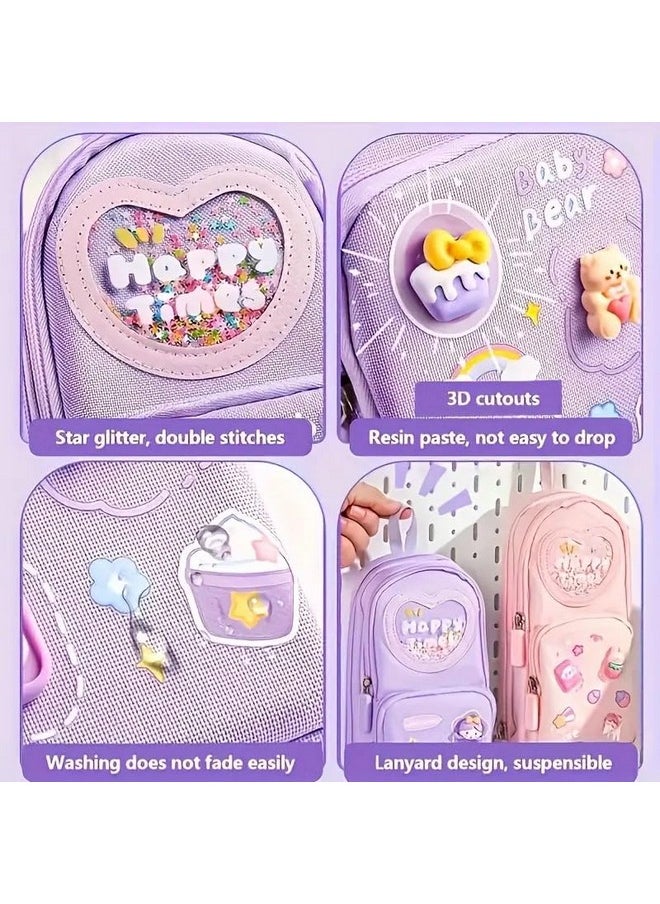 SAJANI Three Layer School Bag-Shaped Pencil Pouch, Large-Capacity Pencil Pouch with Zipper, Multipurpose Pen & Pencil Pouch for School Supplies for Boys & Girls (Pack of 1) (Purple)