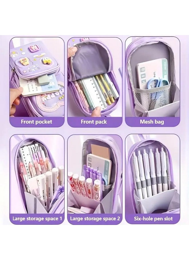 SAJANI Three Layer School Bag-Shaped Pencil Pouch, Large-Capacity Pencil Pouch with Zipper, Multipurpose Pen & Pencil Pouch for School Supplies for Boys & Girls (Pack of 1) (Purple)