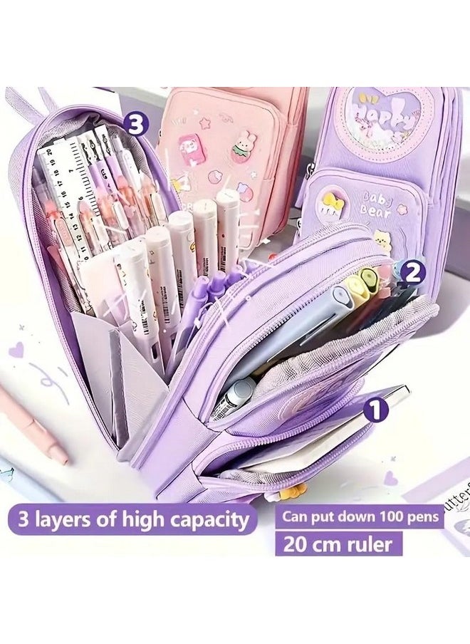 SAJANI Three Layer School Bag-Shaped Pencil Pouch, Large-Capacity Pencil Pouch with Zipper, Multipurpose Pen & Pencil Pouch for School Supplies for Boys & Girls (Pack of 1) (Purple)