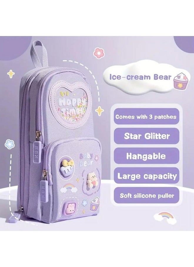 SAJANI Three Layer School Bag-Shaped Pencil Pouch, Large-Capacity Pencil Pouch with Zipper, Multipurpose Pen & Pencil Pouch for School Supplies for Boys & Girls (Pack of 1) (Purple)