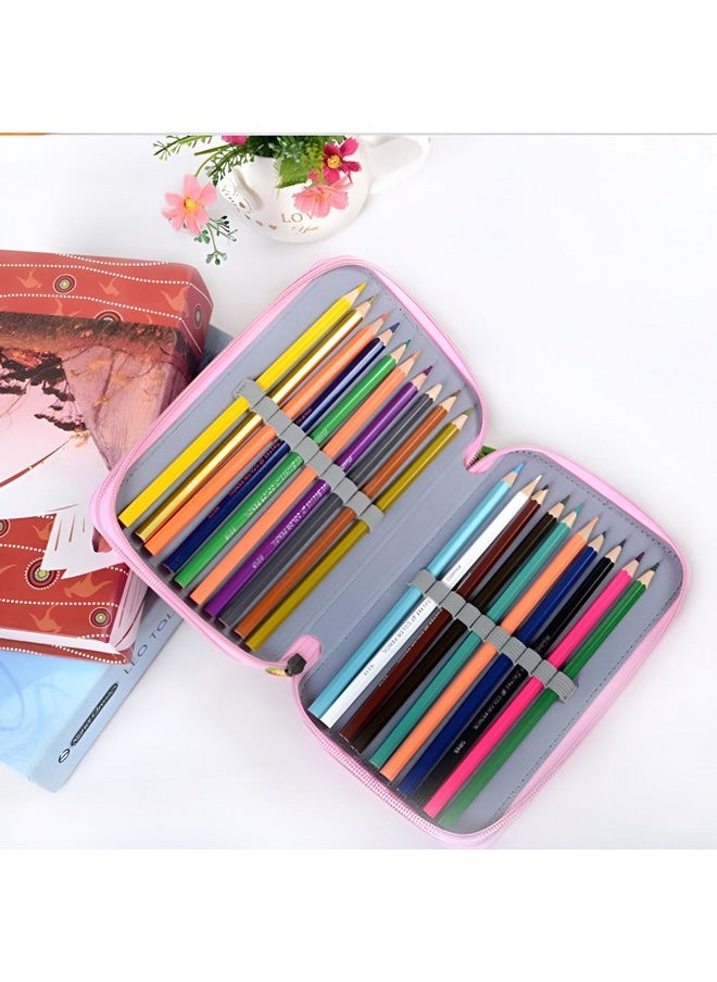 Happy Kids 32 Slots 2 Layers Artist Pencil Pouch Nature Art Canvas Pencil Box (Blue)