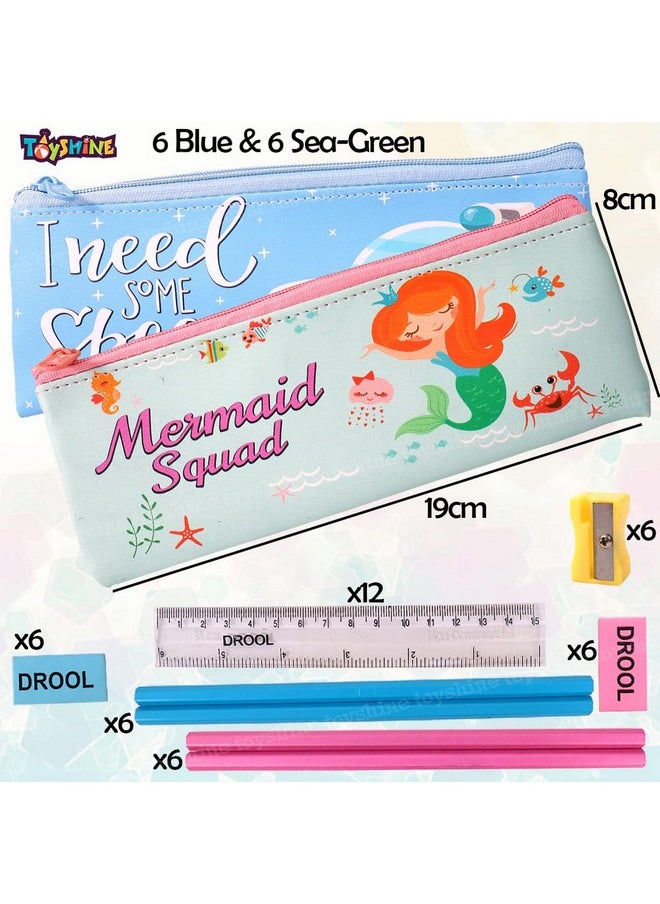 Toyshine Pack Of 12 Space & Mermaid Soft Pencil Storage Case Pouch With Stationery, Kids School Supply Organizer Students Stationery Pouch For Girls, Return Gift Birthday Party - Fabric, Multicolor