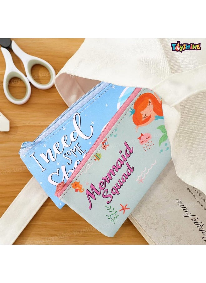 Toyshine Pack Of 12 Space & Mermaid Soft Pencil Storage Case Pouch With Stationery, Kids School Supply Organizer Students Stationery Pouch For Girls, Return Gift Birthday Party - Fabric, Multicolor