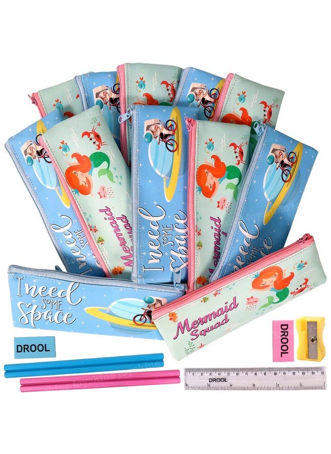 Toyshine Pack Of 12 Space & Mermaid Soft Pencil Storage Case Pouch With Stationery, Kids School Supply Organizer Students Stationery Pouch For Girls, Return Gift Birthday Party - Fabric, Multicolor