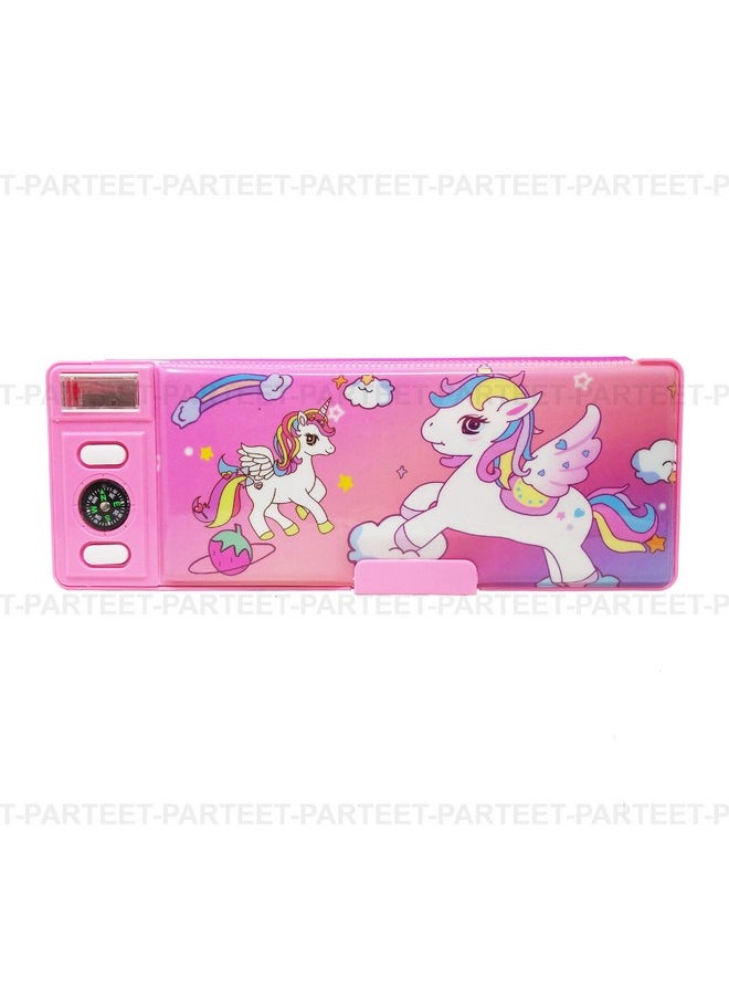 PARTEET Dual Side Password Protected Multi Purpose Unicorn Printed Pencil Box For Kids (Pink, Plastic)