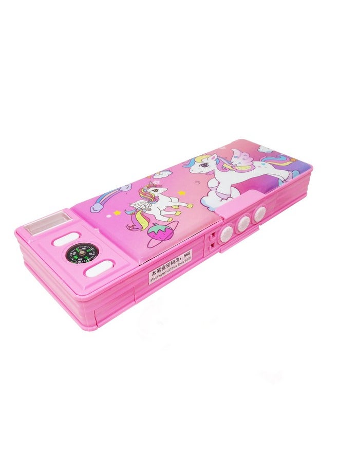PARTEET Dual Side Password Protected Multi Purpose Unicorn Printed Pencil Box For Kids (Pink, Plastic)