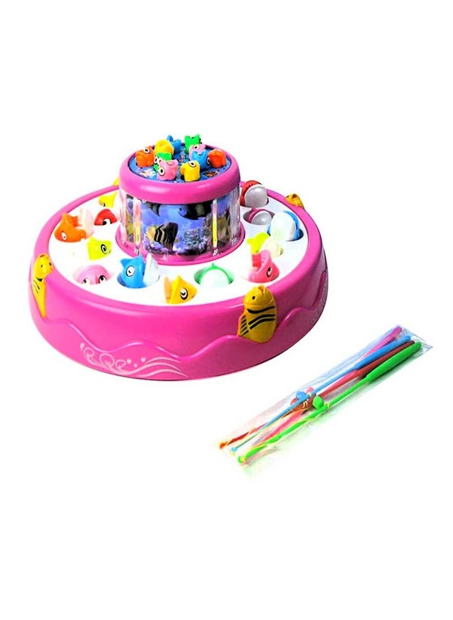 VGRASSP Fishing Game Toy Set for Kids with Multilayer Rotating Pond, 26 Fishes, 4 Fishing Poles, Dynamic Light and Music - Safe and Durable Gift - Multicolor (Color As Per Stock)