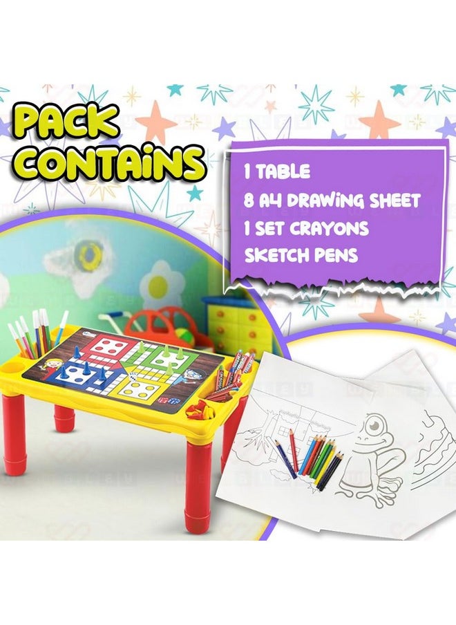 Wembley 2 in 1 Ludo Board Game for Kids Activity Study Table with Fill The Color A4 Sheets Set of Sketch Pens & Crayons Educational Multifunctional Table for Studying Playing Drawing