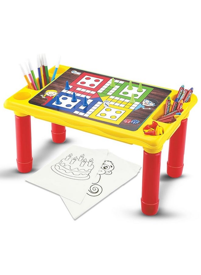 Wembley 2 in 1 Ludo Board Game for Kids Activity Study Table with Fill The Color A4 Sheets Set of Sketch Pens & Crayons Educational Multifunctional Table for Studying Playing Drawing