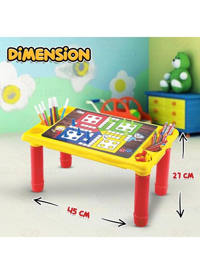 Wembley 2 in 1 Ludo Board Game for Kids Activity Study Table with Fill The Color A4 Sheets Set of Sketch Pens & Crayons Educational Multifunctional Table for Studying Playing Drawing