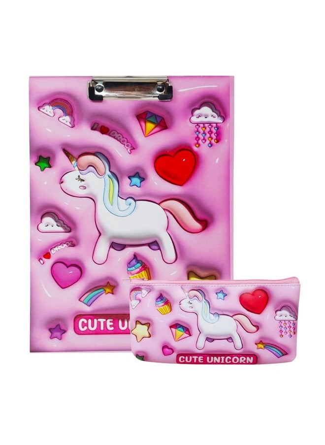PARTEET Canvas Combo Unicorn Printed Pencil Case Pouch And Space Printed A4 Size Exam Board For Students, Teachers, Women And Kids, Zipper Closer Pouch (Assorted) (Pink)