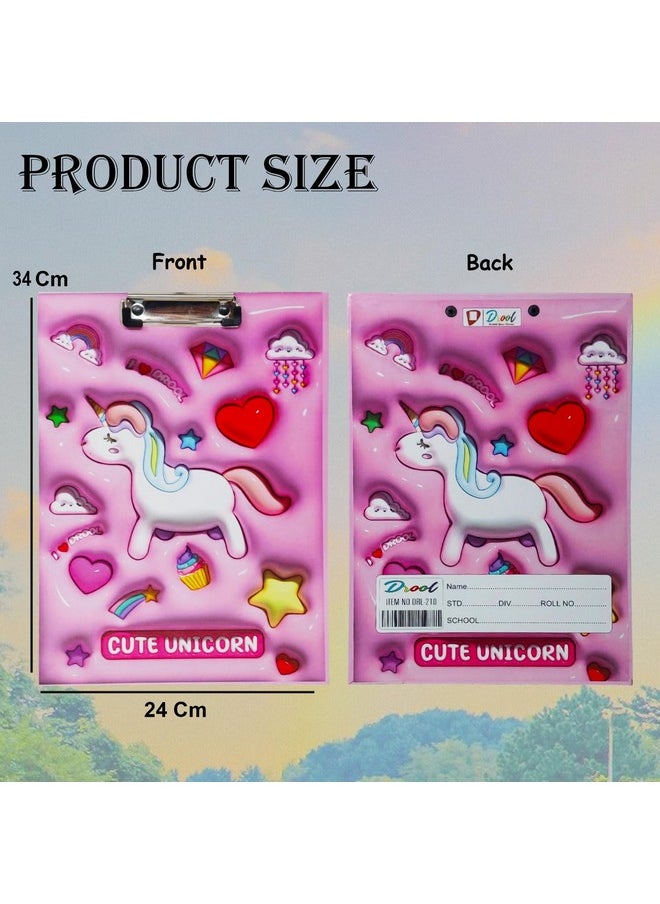 PARTEET Canvas Combo Unicorn Printed Pencil Case Pouch And Space Printed A4 Size Exam Board For Students, Teachers, Women And Kids, Zipper Closer Pouch (Assorted) (Pink)