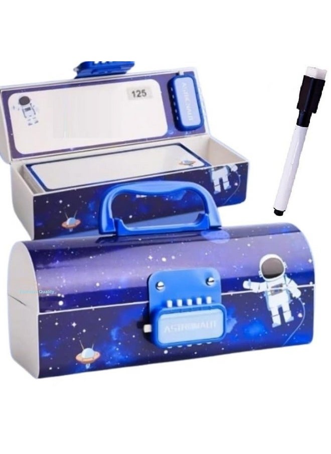 FAMOUS QUALITY Metal Pencil Box With Code Lock Pen Case Large Capacity Multi-Layer Multi-Function Storage Bag Secret Compartment Pencil Box - (Space Blue)