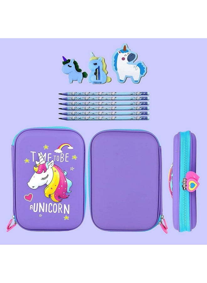 FAMOUS QUALITY Ethylene Vinyl Acetate (Eva) Premium Stylish Unicorn Owl Print Large Capacity Hardtop Eva Pencil Case Organizer School Kids Girls Women Pen Holder Pouch Multipurpose (Purple)