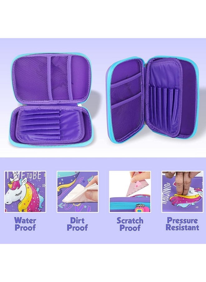 FAMOUS QUALITY Ethylene Vinyl Acetate (Eva) Premium Stylish Unicorn Owl Print Large Capacity Hardtop Eva Pencil Case Organizer School Kids Girls Women Pen Holder Pouch Multipurpose (Purple)