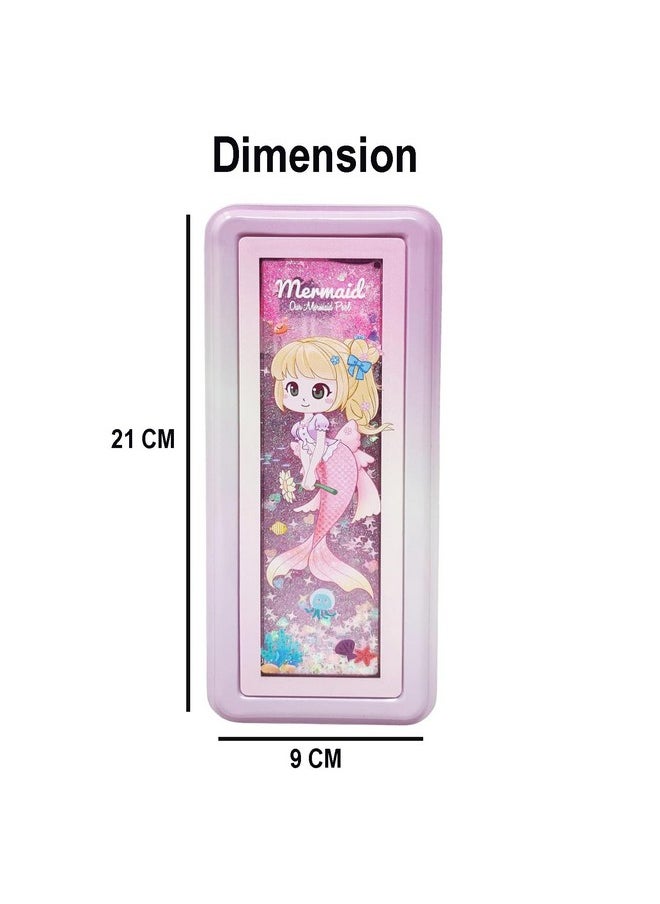 PARTEET Metal Double Compartment Pencil Box Case And Water Gliter Mermid Printed Pencil Box With Pen Holder For Kids Stylish, Pencil Case For Girls(Assorted Color), Multicolour
