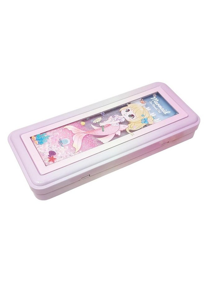 PARTEET Metal Double Compartment Pencil Box Case And Water Gliter Mermid Printed Pencil Box With Pen Holder For Kids Stylish, Pencil Case For Girls(Assorted Color), Multicolour