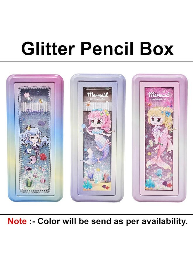 PARTEET Metal Double Compartment Pencil Box Case And Water Gliter Mermid Printed Pencil Box With Pen Holder For Kids Stylish, Pencil Case For Girls(Assorted Color), Multicolour