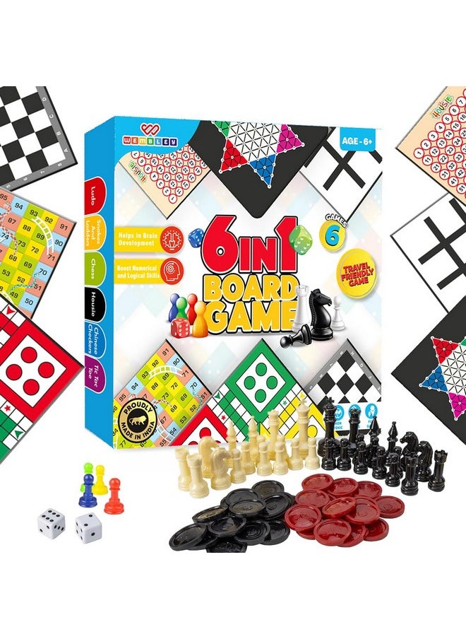 Wembley 6 in 1 Classic Board Game for Kids & Adults | Ludo, Snake & Ladder, Chess, Checkers, Housie, Tic Tac Toe | Family Fun Travel Indoor Board Games Boost Decision Making Strategic Thinking