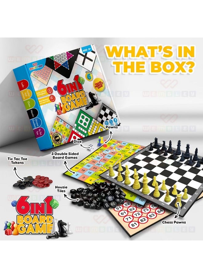 Wembley 6 in 1 Classic Board Game for Kids & Adults | Ludo, Snake & Ladder, Chess, Checkers, Housie, Tic Tac Toe | Family Fun Travel Indoor Board Games Boost Decision Making Strategic Thinking