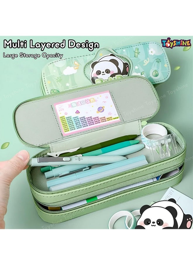 Toyshine Panda Theme Pencil Pouch with 2 Compartment Handheld Soft Pouch for School Students Girls Boys - Green