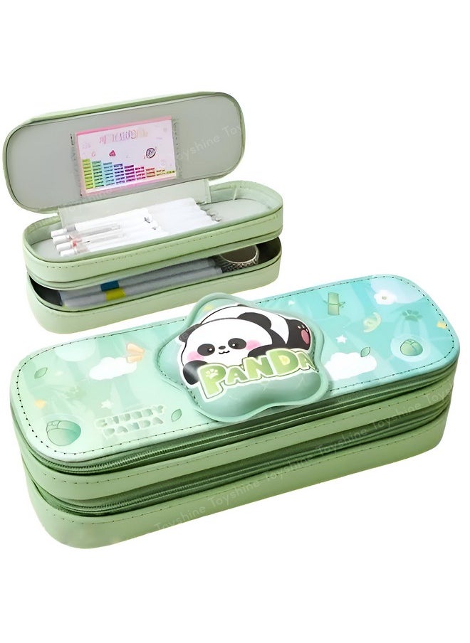 Toyshine Panda Theme Pencil Pouch with 2 Compartment Handheld Soft Pouch for School Students Girls Boys - Green