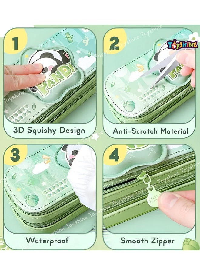 Toyshine Panda Theme Pencil Pouch with 2 Compartment Handheld Soft Pouch for School Students Girls Boys - Green