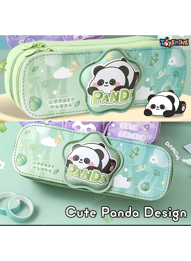 Toyshine Panda Theme Pencil Pouch with 2 Compartment Handheld Soft Pouch for School Students Girls Boys - Green