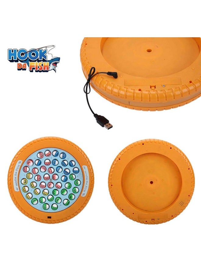 SKOODLE Quest Hook Da Fish Rechargeable Fishing Game | 45 Fishes & 4 Fishing Pole | Musical Rotating Fishing Board Game| Age 5+ | Orange