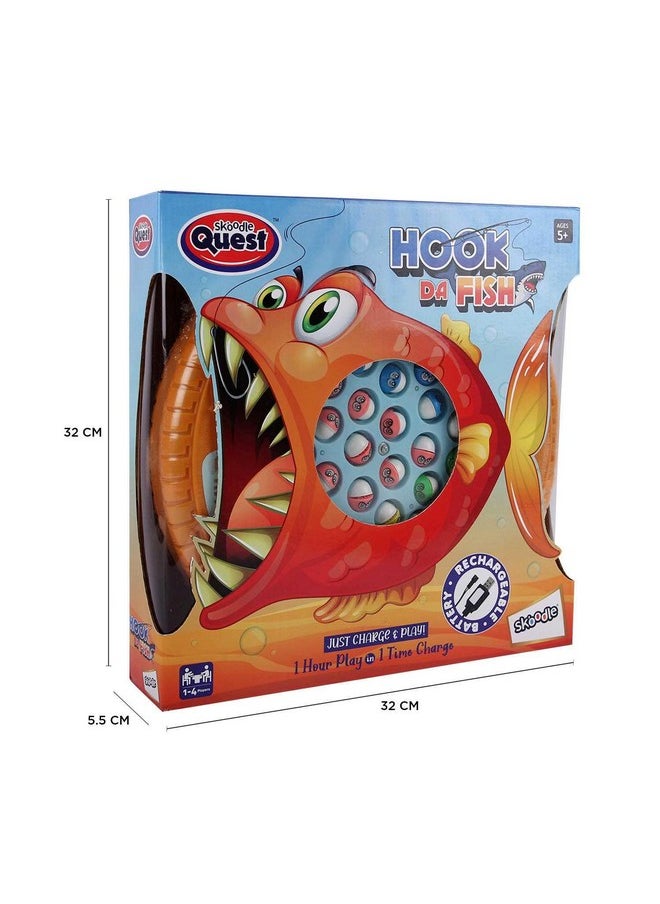SKOODLE Quest Hook Da Fish Rechargeable Fishing Game | 45 Fishes & 4 Fishing Pole | Musical Rotating Fishing Board Game| Age 5+ | Orange