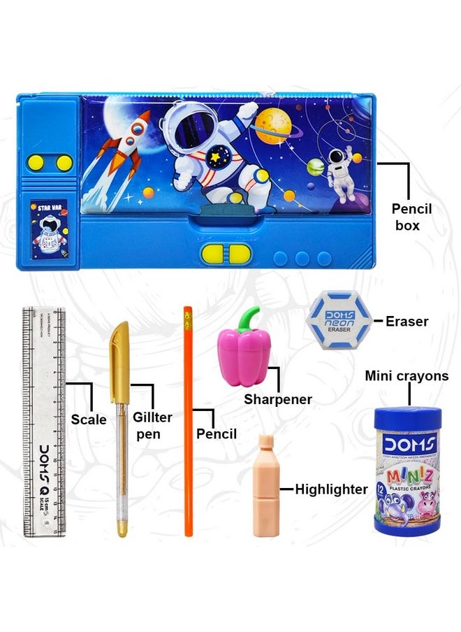 PARTEET Combo Space Printed Pencil Box Dual Side Magnetic Pencil Box with 1Pencil,1Scale, 1Glitter pen,1Eraser,1Sharpener,1Highligter and Mini Crayons for Kids-Stationary Organizer Pencil Box for Kids