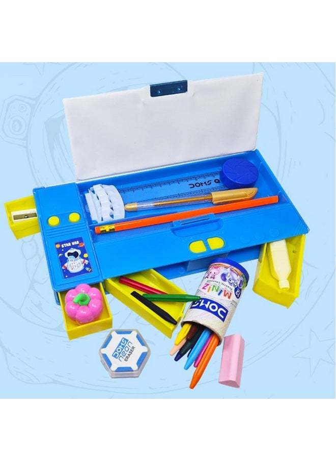 PARTEET Combo Space Printed Pencil Box Dual Side Magnetic Pencil Box with 1Pencil,1Scale, 1Glitter pen,1Eraser,1Sharpener,1Highligter and Mini Crayons for Kids-Stationary Organizer Pencil Box for Kids