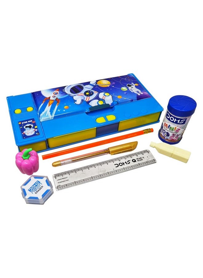 PARTEET Combo Space Printed Pencil Box Dual Side Magnetic Pencil Box with 1Pencil,1Scale, 1Glitter pen,1Eraser,1Sharpener,1Highligter and Mini Crayons for Kids-Stationary Organizer Pencil Box for Kids
