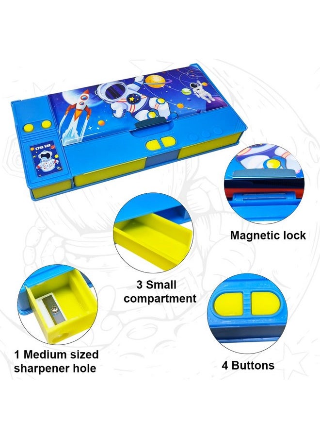 PARTEET Combo Space Printed Pencil Box Dual Side Magnetic Pencil Box with 1Pencil,1Scale, 1Glitter pen,1Eraser,1Sharpener,1Highligter and Mini Crayons for Kids-Stationary Organizer Pencil Box for Kids