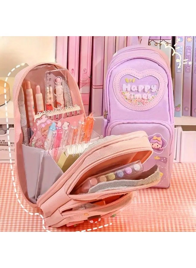 SAJANI Three Layer School Bag-Shaped Pencil Pouch, Large-Capacity Pencil Pouch with Zipper, Multipurpose Pen & Pencil Pouch for School Supplies for Boys & Girls (Pack of 1) (Pink)